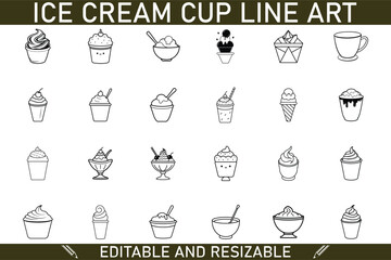 Ice Cream Cup Line Art Editable, Resizable Dessert Icons