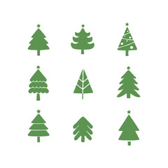 Nine Green Pixel Art Christmas Trees on White Background