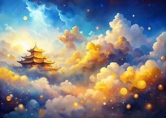 Elegant Asian Watercolor Painting, Golden Clouds, Bokeh Background