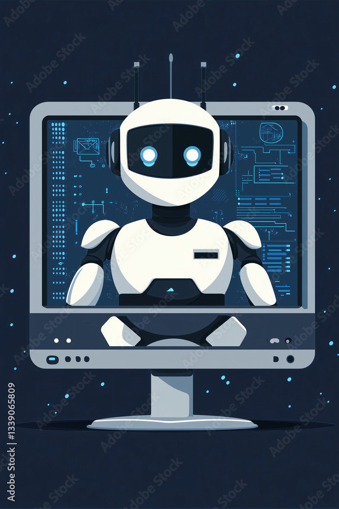 Poster digital companion: a sleek robot with a friendly design emerges from a computer screen filled with c