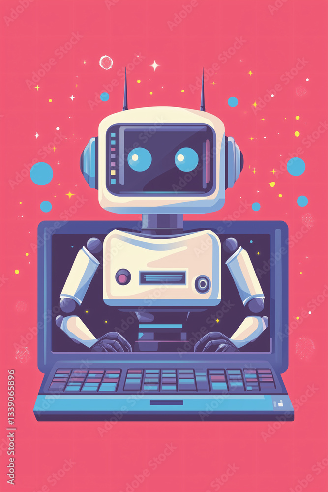Aufkleber robot emerging from laptop: a futuristic robot character emerges from a laptop screen against a vibr