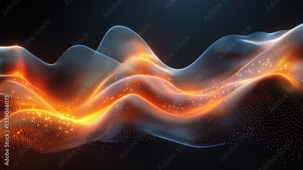 Poster abstract glowing orange and blue wave particles on dark background.