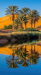 Obraz premium tranquil desert oasis with palm trees reflecting in calm water, surrounded by golden sand dunes