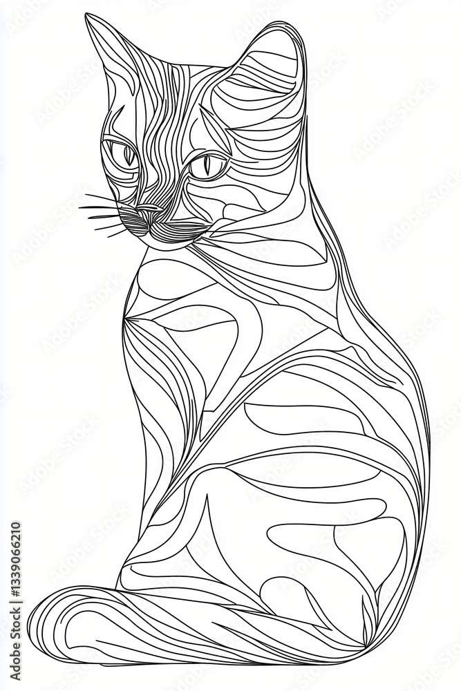 Poster artistic feline sketch: a captivating abstract line art of a cat sitting gracefully, its form elegan