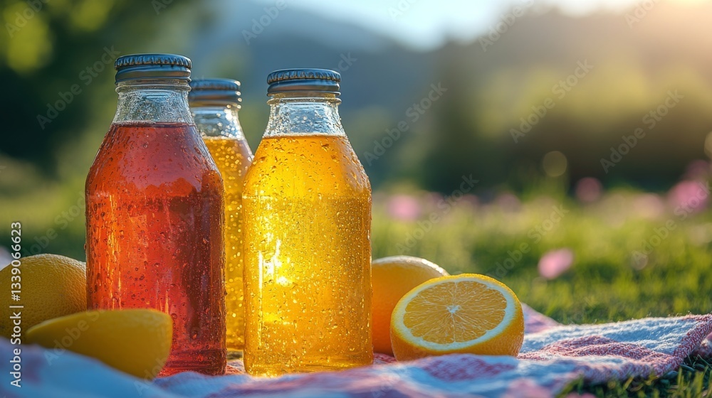 Poster three glass bottles containing citrus drinks are placed on a picnic blanket in a park on a sunny aft