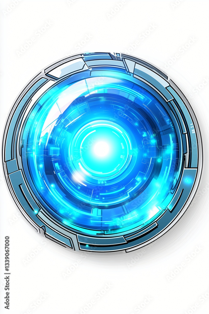 Poster futuristic tech: a mesmerizing, digitally rendered image of a sleek, blue-glowing circular device, b