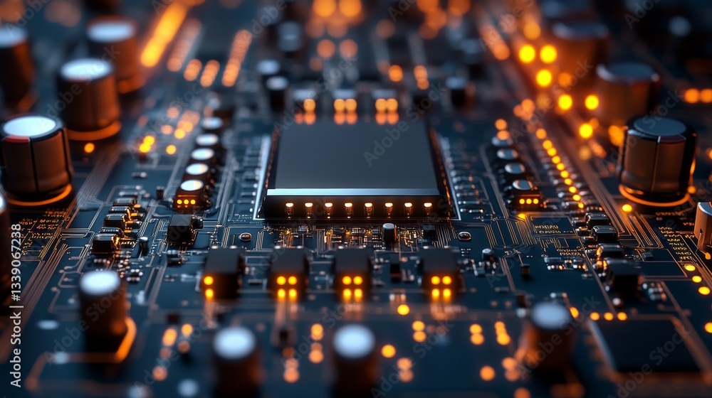 Poster close-up of illuminated central processing unit on circuit board.