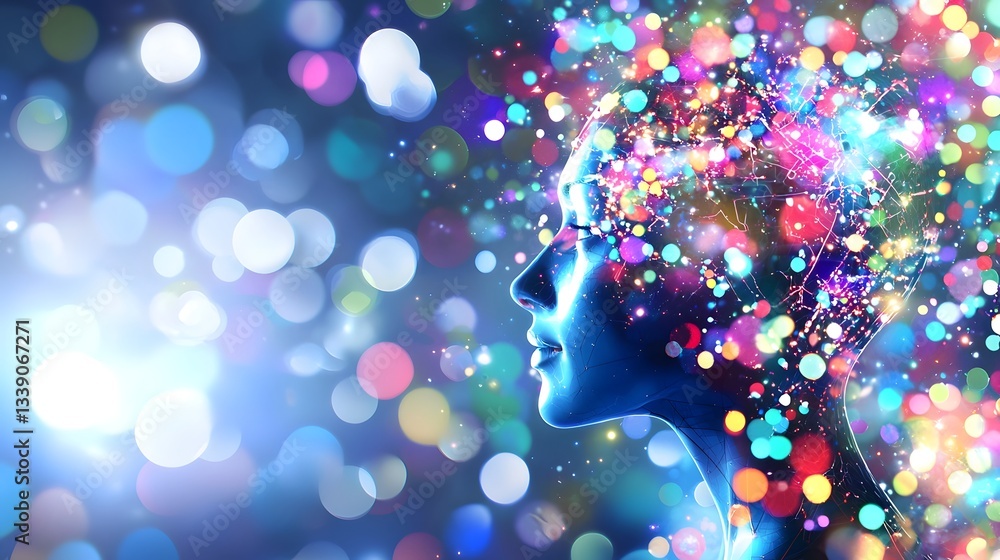 Aufkleber cyber enhanced futuristic human with glowing neural implants and realtime data streams flowing throu