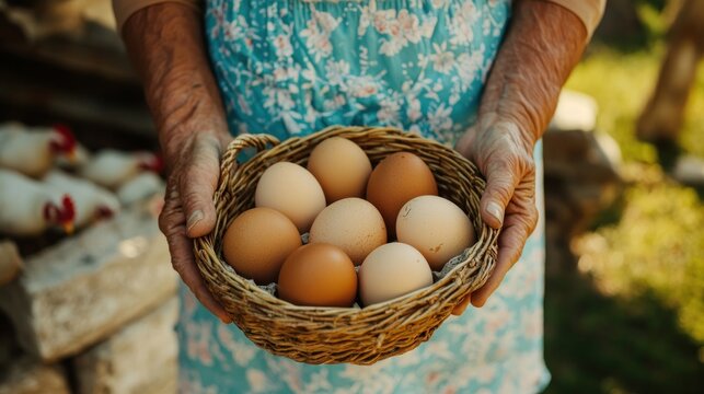 Farmer's hands holding a basket of fresh eggs from her chickens.