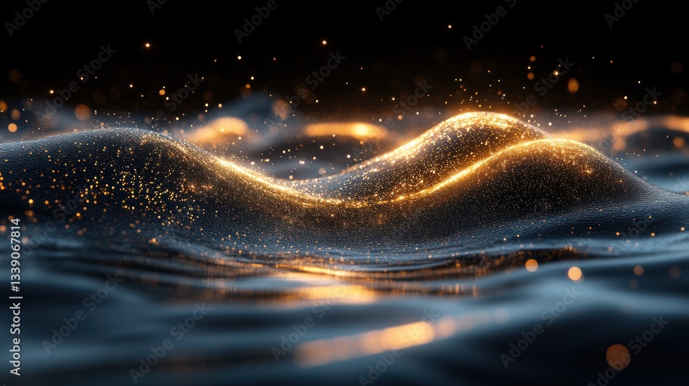 Poster abstract glowing particles forming wave.