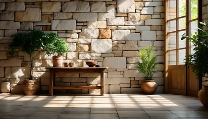 A sunlit room with a stone wall, wooden table, and potted plants.