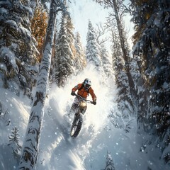 Adventurous snow biking winter forest action photography snowy environment dynamic viewpoint thrilling concept