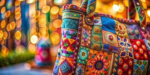 Fototapeta premium Eco-Friendly Patchwork Tote Bag Design, Bokeh Background, Sustainable Fashion Print