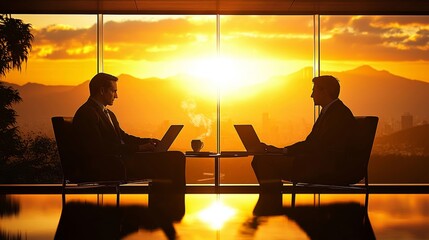 Fototapeta premium Businessmen Silhouetted Against Sunset, Working on Laptops