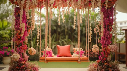 Vibrant Floral Swing Decor for a Wedding Ceremony