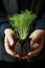 Tender Fennel Sprout in Hands - A New Beginning