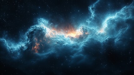 Fototapeta premium Glowing nebula in deep space with blue and orange hues.