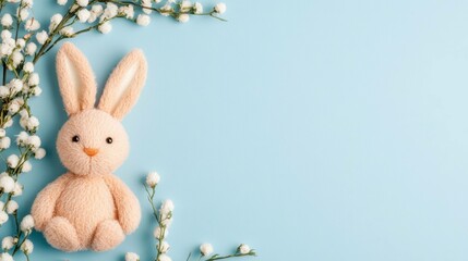 Adorable knitted bunny toy surrounded by delicate white flowers on a soft blue background, perfect for Easter celebrations or children s decor