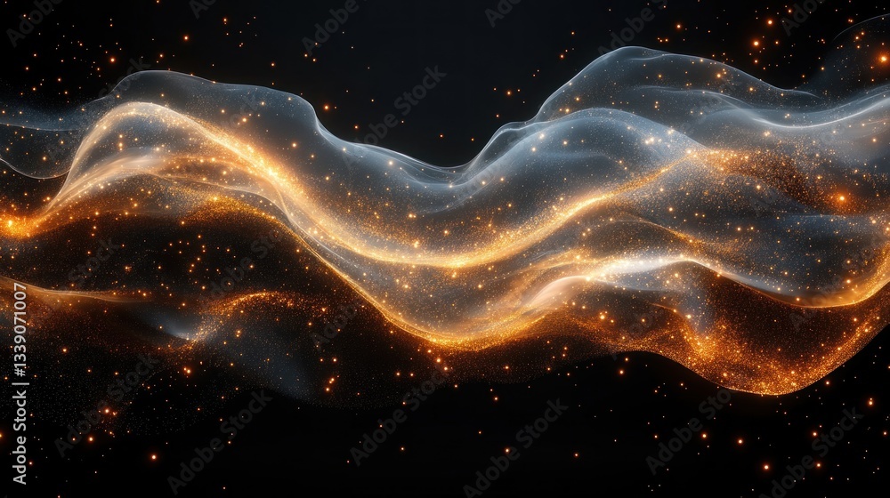 Poster abstract glowing wave of particles on dark background.