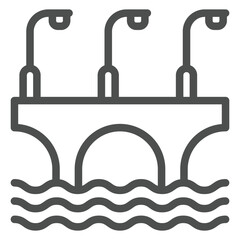 Bridge with arcs and lanterns line icon, construction structure concept. Vector graphics. Highway bridge at water sign on white background, outline style icon for mobile or web design.