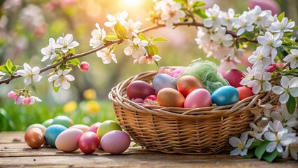 Easter Eggs in Basket with Delicate Apple Blossom Springtime