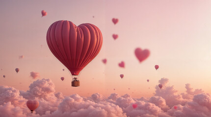 Obraz premium A red hot air balloon with a heart on it is flying in the sky