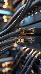 Black and golden graphene-coated high-speed data cables used in a professional data center environment.