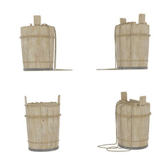 Four wooden buckets with ropes. Light brown boards form each pail. Buckets are isolated on...