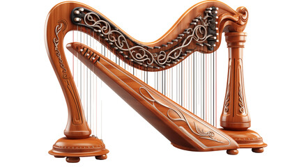Wooden Harp Elegant 3D Render, Ornate Design for Classical Music Themes.