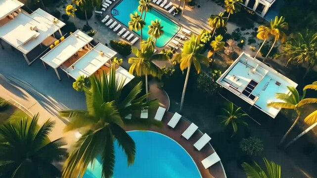 Stunning aerial view of Palm Springs showcasing lush palm trees and serene swimming pool, Aerial view of Palm Springs California US