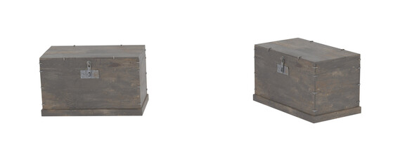 Gray wooden chests with metal lock, two angles view. Simple storage boxes, isolated objects....