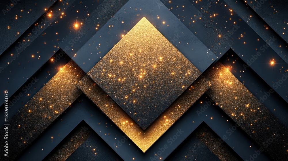 Poster abstract gold and dark blue geometric pattern with glittering particles.