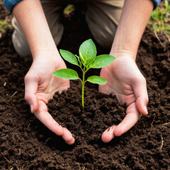 Hands carefully plant a young green seedling in rich soil, symbolizing growth and sustainability. The image highlights the importance of nurturing nature and conservation efforts.