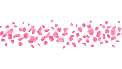 Realistic pink rose petals border banner seamless horizontal. flower petal floating decoration festive