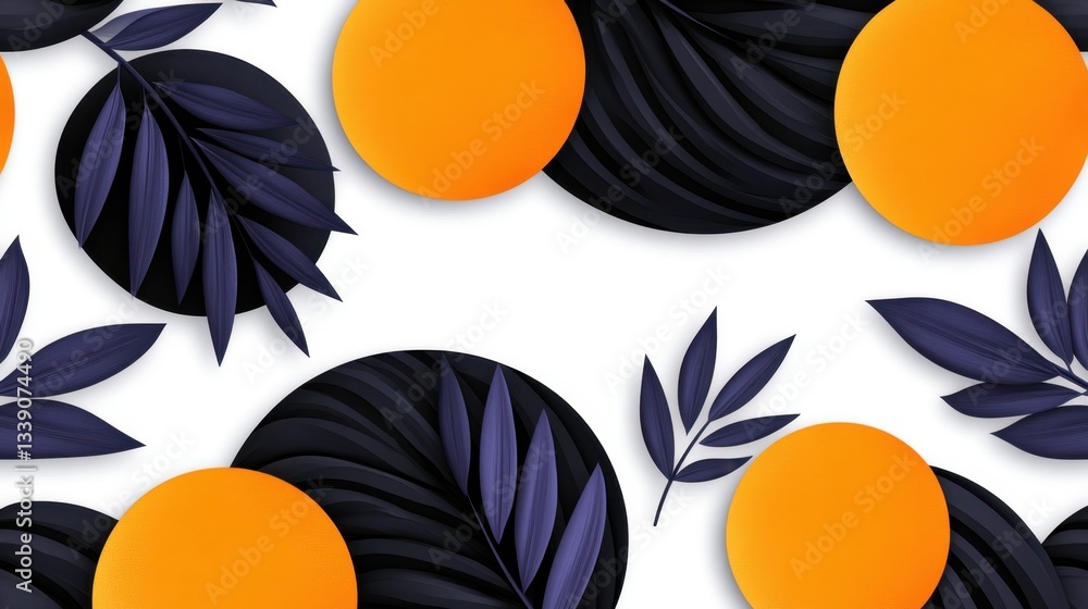 Poster seamless pattern of simplified palm leaves and geometric sun shapes in a complementary color scheme