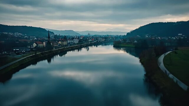 Winter view of Backnang Germany with river and landscape before Christmas, Aerial view of Backnang, germany before Christmas on a cloudy afternoon in December