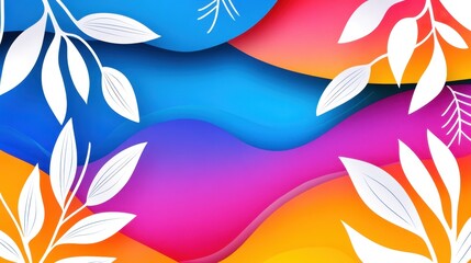 Obraz premium Watercolor-effect splotches in tropical hues with white line art summer elements layered on top