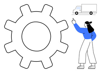 Woman in casual clothes pointing at a truck and a large gear symbol, representing transport, logistics, delivery systems, process optimization, teamwork, industrial operations, and innovation. Ideal