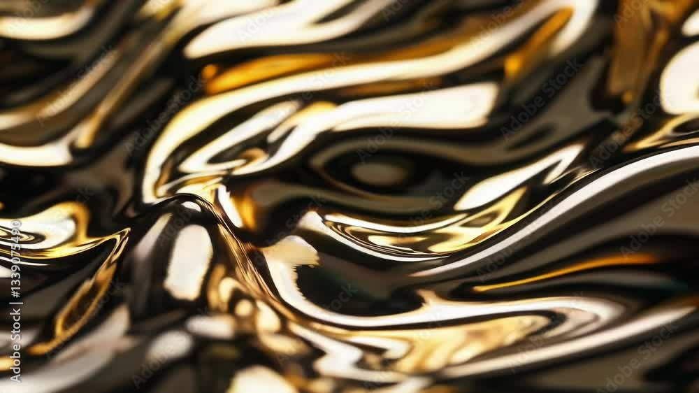 Poster dynamic flow of molten metal patterns with golden highlights in abstract movement