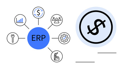 Central ERP system with connected icons for analytics, finance, team, tools, automation, and workflow, alongside dollar sign focused on financial management. Ideal for business, finance