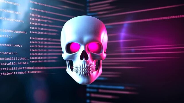 Futuristic digital skull with glowing eyes, set against a high-tech background of binary code