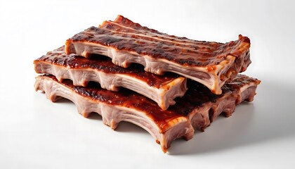 Stacked Juicy Barbecued Pork Ribs with Glaze on Clean White Surface