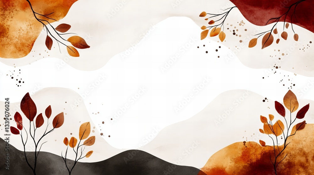 Poster abstract watercolor artwork features branches with leaves in autumn colors on a wavy background with