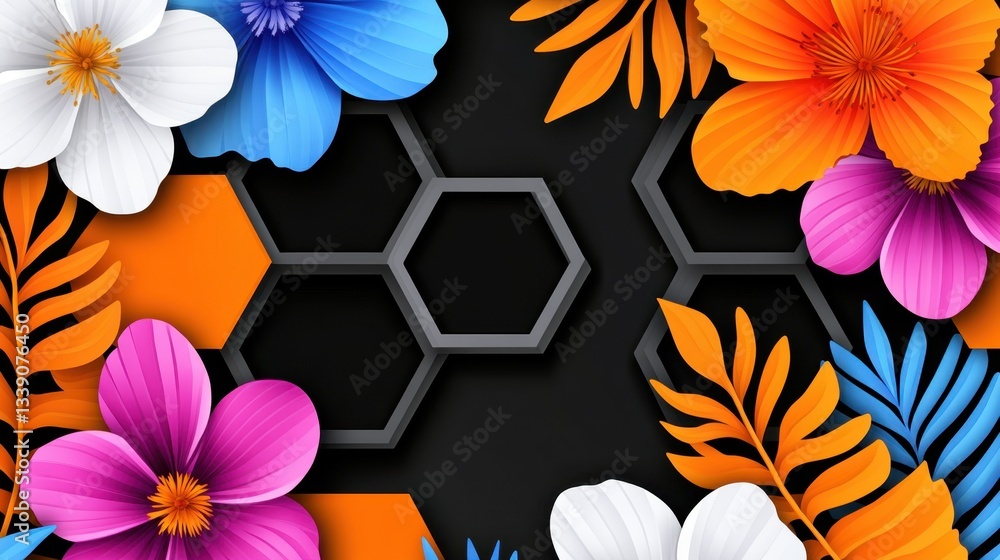 Poster a repeating pattern of hexagons filled with minimalist representations of tropical flowers and fruit