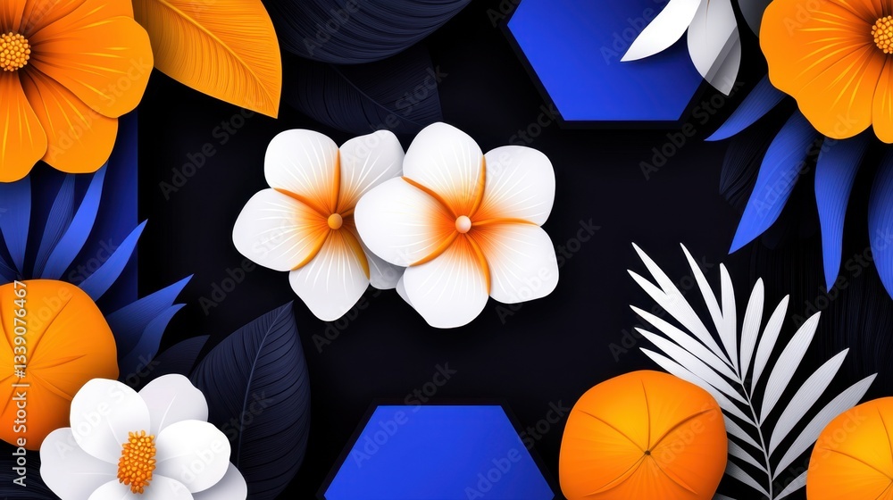 Poster a repeating pattern of hexagons filled with minimalist representations of tropical flowers and fruit