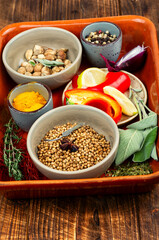 Set of spices and sauces.