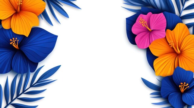 Minimalist pineapple and hibiscus flower shapes reduced to basic geometric forms, using bright summer colors on a white background for a fresh banner design