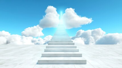 Serene Stairway Ascending Into Bright Sky with Fluffy Clouds and Radiant Light Above