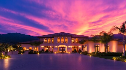 Fototapeta premium Stunning sunset view of a luxurious mansion with palm trees and vibrant sky color