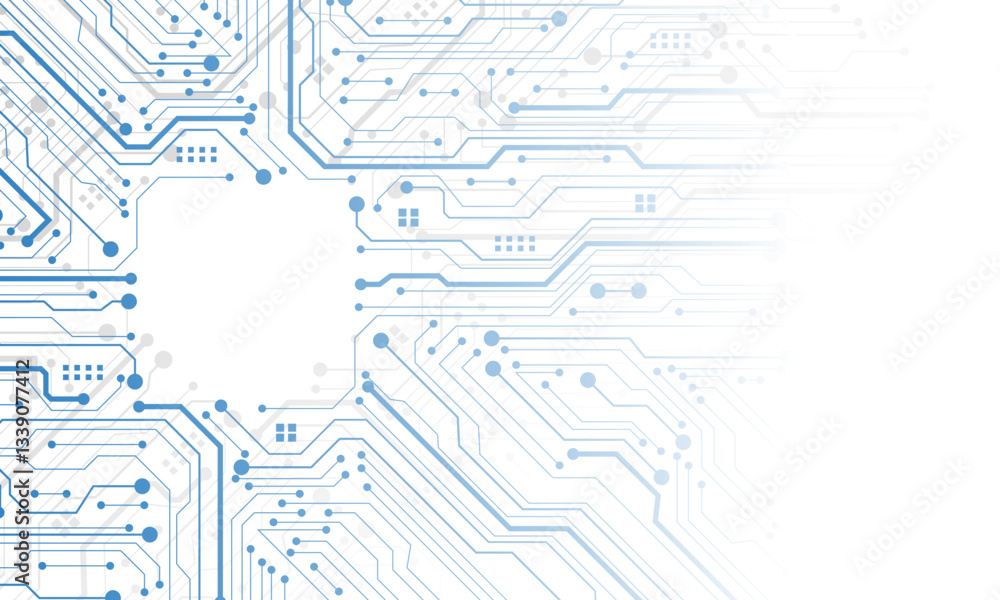 Poster Abstract blue grey circuit board technology connected lines electronics elements computer motherboard chip processor semiconductor digital on white background vector